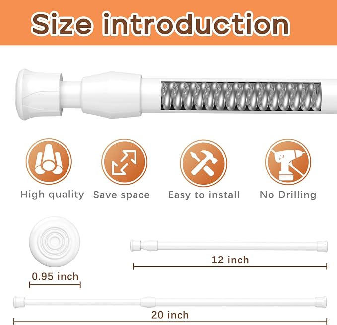 AIZESI 4PCS White Spring Tension Rods 12 to 19 Inch Adjustable Short Curtain Rods Tension Extendable Curtain Rod Mini Tension Rods for Small Windows Closet Cupboard