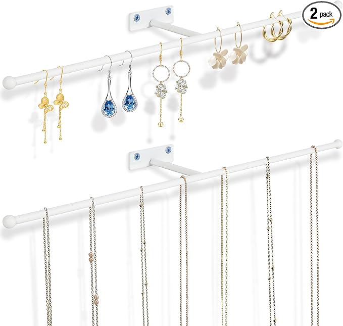 2 Pack Wall Jewelry Organizer, 14.5'' Necklace Holder for Hanging Earring, Ring, Bracelet, Hairband, Glasses Storage, Decorative Space-Saving Jewelry Display-White