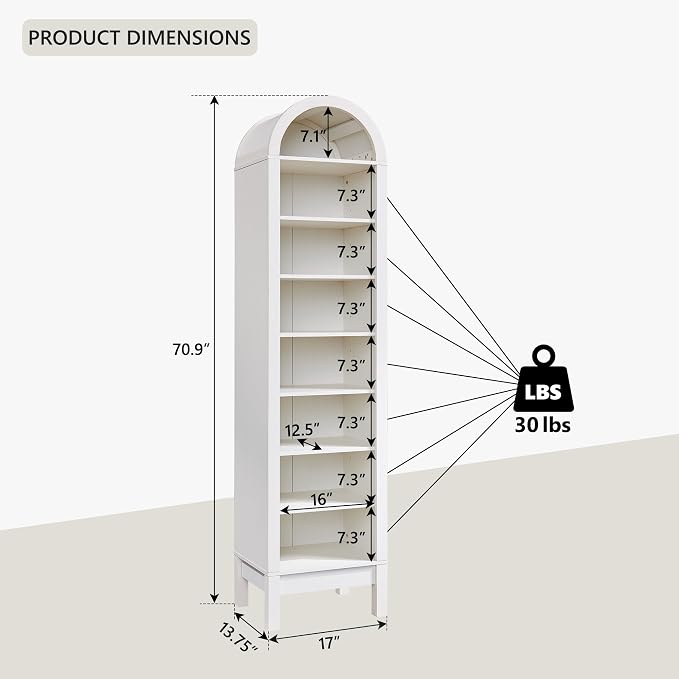 IFGET 71" Tall Arched Shoe Storage Cabinet, 8 Tiers 16 Pairs Wooden Shoe Rack with 3 Adjustable Shelves, Freestanding Shoe Closet Shelf Organizer for Entryway, Hallway, Living Room, Antique White
