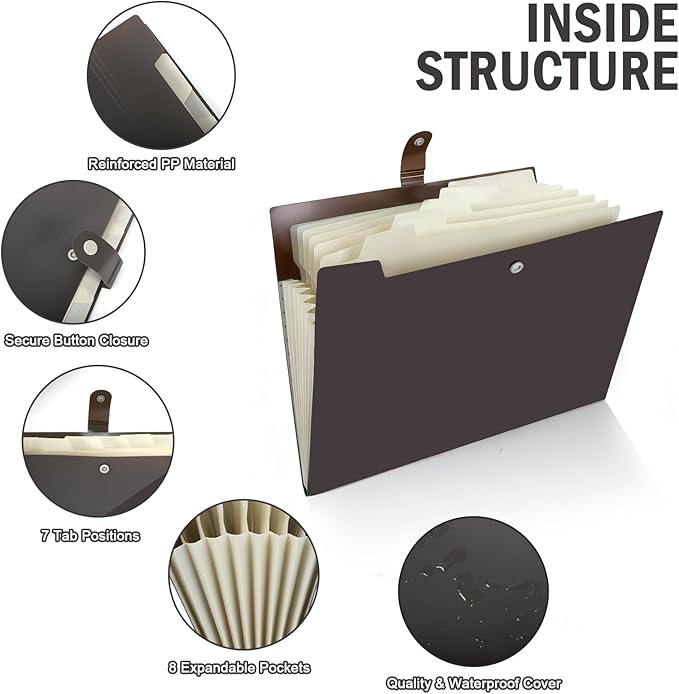 Expanding Organizer File Folder, Letter Size Expandable 8 Pockets Expanding Organizer Accordion File Folders with Labels A4 Paper Document Organizer for Home School Office Supplies