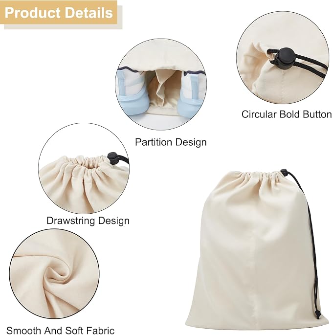 4 Pack Shoe Bags for Travel, Shoes Pouch with Partition Design & Drawstring Closure, Shoe Bags for Storage, Travel Essentials for Men Women (Beige)