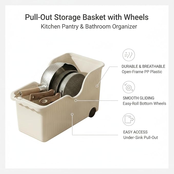 Pull-Out Storage Basket with Wheels, White PP Plastic Sliding Bin for Under Sink Cabinet Organization, Kitchen Pantry and Bathroom (1 PC)