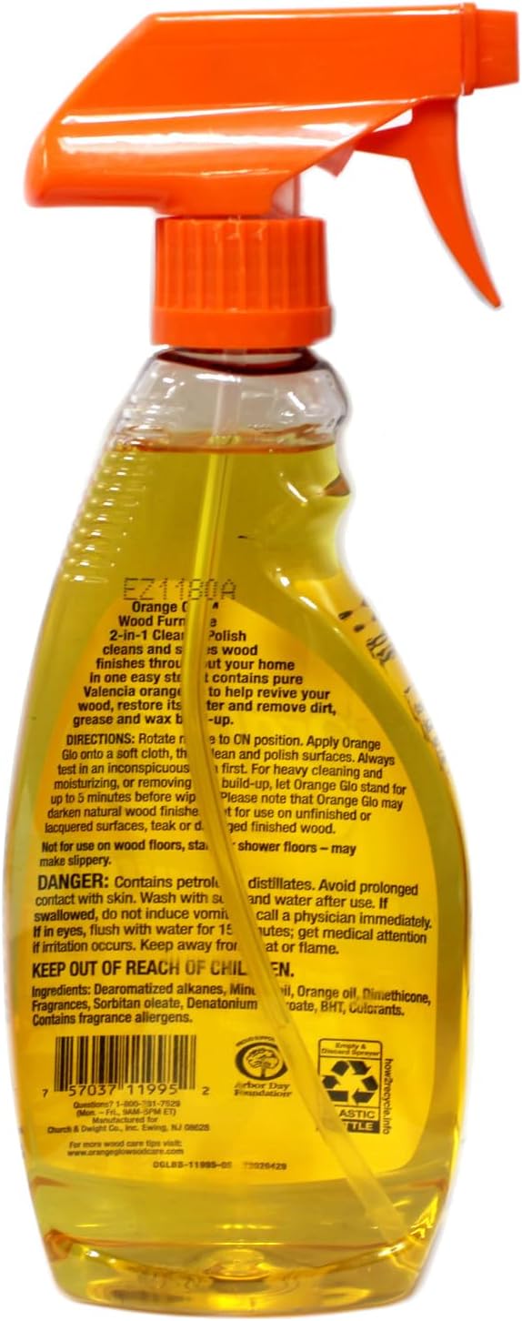 Orange Glo Wood Furniture 2-in-1 Clean & Polish Spray, Fresh Orange Scent, Real Valencia Orange Oil, 16 fl oz (Pack of 3)