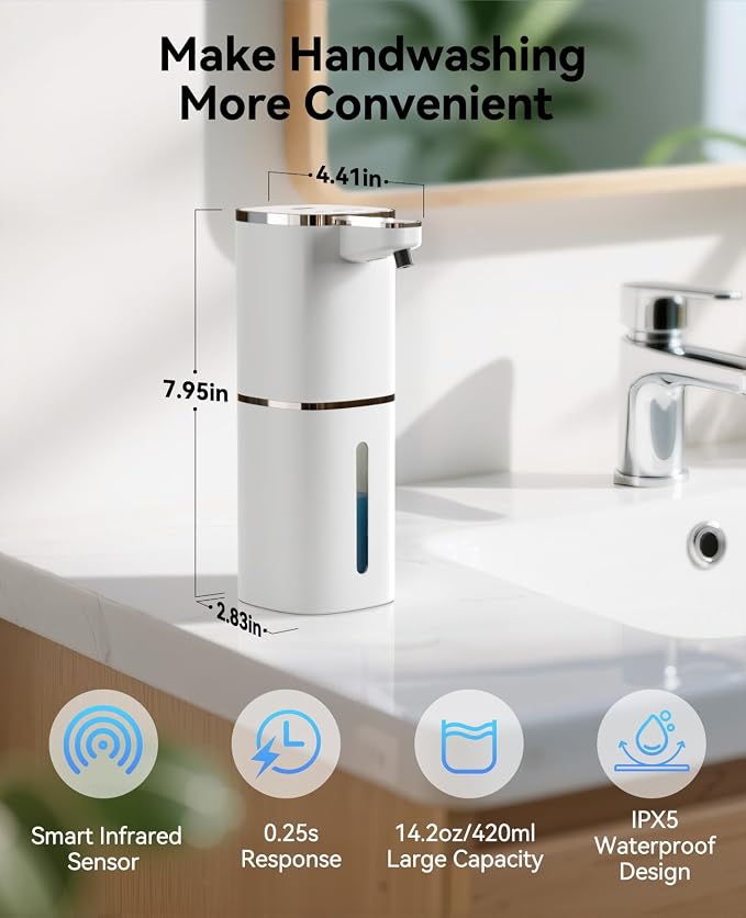 Luxspire 420ml Automatic Foaming Soap Dispenser for Bathroom, White | Touchless foam soap dispenser, IPX5 waterproof, 9 foam levels, LED power display fits hand soap dish wash body wash