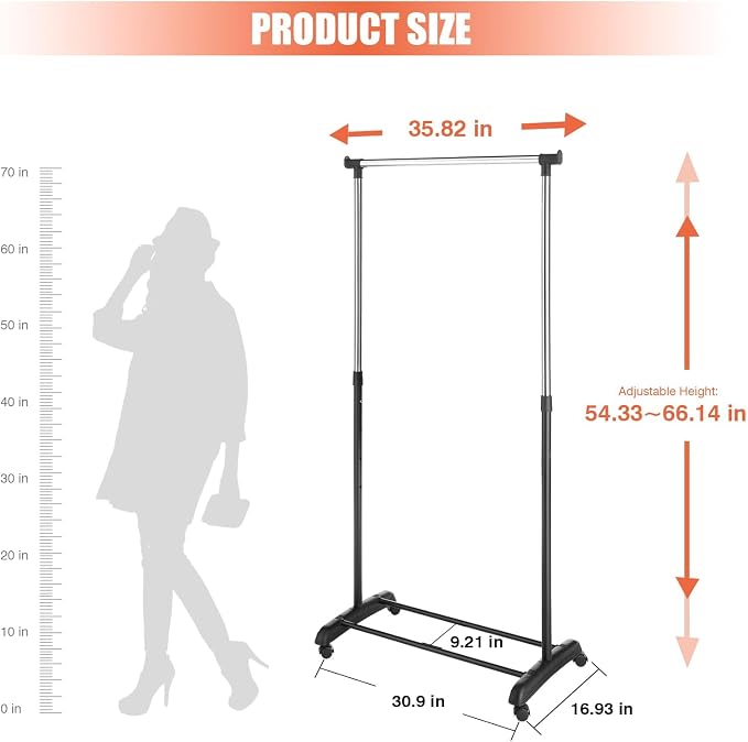 Whitmor Adjustable Garment Rack with Wheels, Rolling Clothes Rack for Hanging Clothes, Heavy Duty Single Rail Clothing Rack, Portable Hanging Rack for Bedroom, Laundry Room, Black & Silver