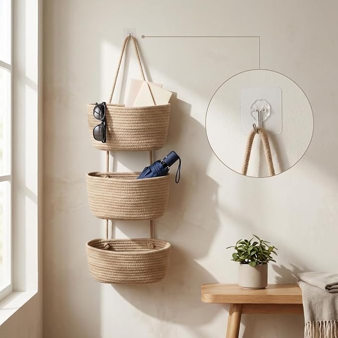 Hanging Wall Basket, Over the Door Hanging Basket with Hooks, Cotton Back of Door Organizer for Living Room, Bedroom, Boho Wall Decor, Toy Storage, Jute