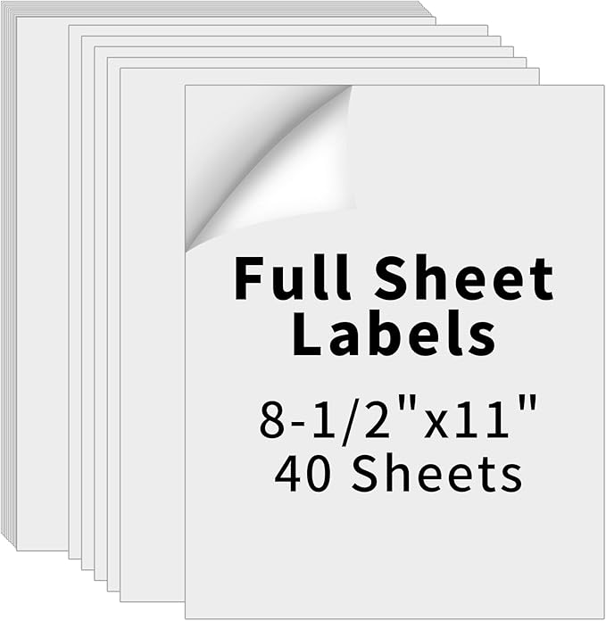 8.5" x 11" Full Sheet Label Sticker Paper for Laser & Inkjet Printers,Self Adhesive Printer Paper Shipping Labels,Printable White Matte Mailing Label Stickers(40 Sheets,40 Labels)