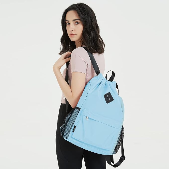 WANDF Drawstring Backpack with Shoe Compartment, Sports Gym Bag | Multi-Pocket Storage, Water-Resistant Fabric, Cinch String Bag