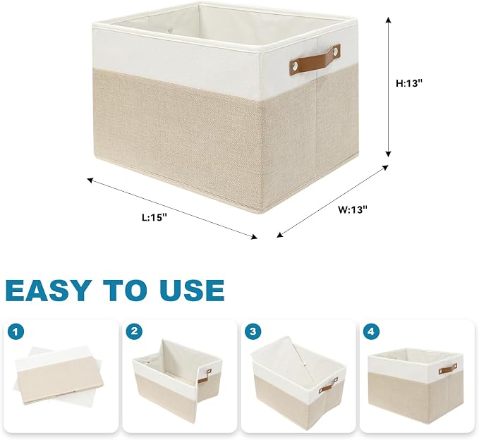 6 Pack Large Fabric Storage Baskets with Handles (White with Beige,15" L*13" W*13" H)