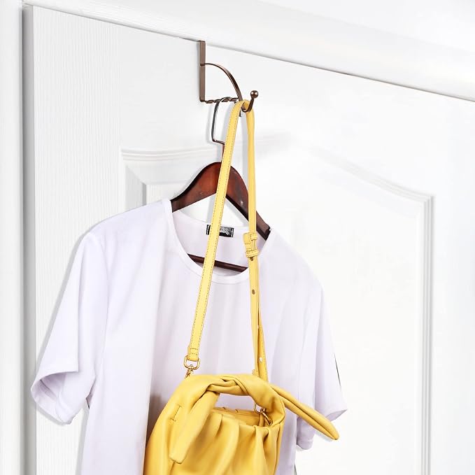 Hotop 2 Pcs Over The Door Hooks Over Door Hanger Sturdy Valet Hooks Mounted Hanging Storage Organizer Rack for Clothes Coats Towels Hats Scarves Purses(Bronze)