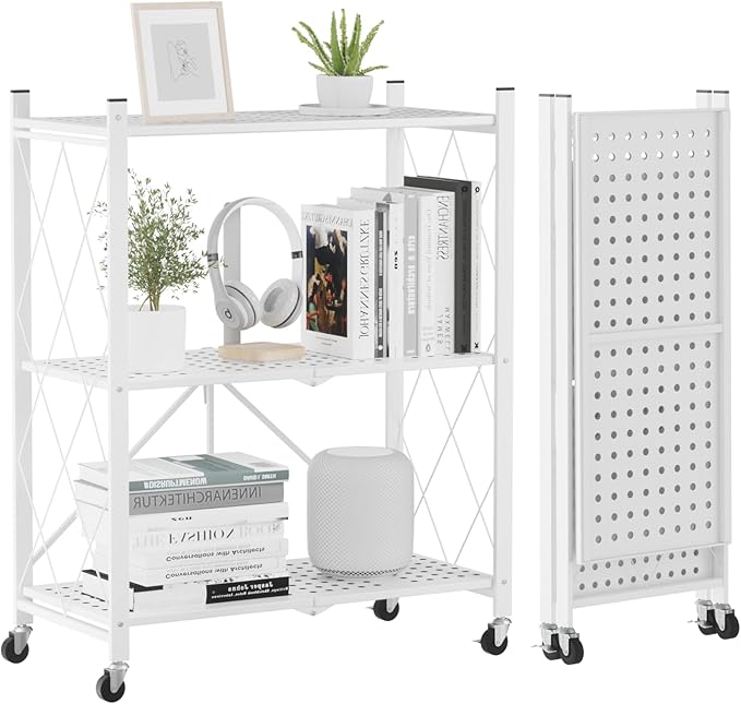ALANNG 3 Tier Folding Storage Shelf on Wheels,Heavy Duty Metal Rolling Cart | Compact & Portable, No Tools Assembly, Folds to 3.9" Flat, Reinforced Iron Frame, Lockable Casters, for Any Room