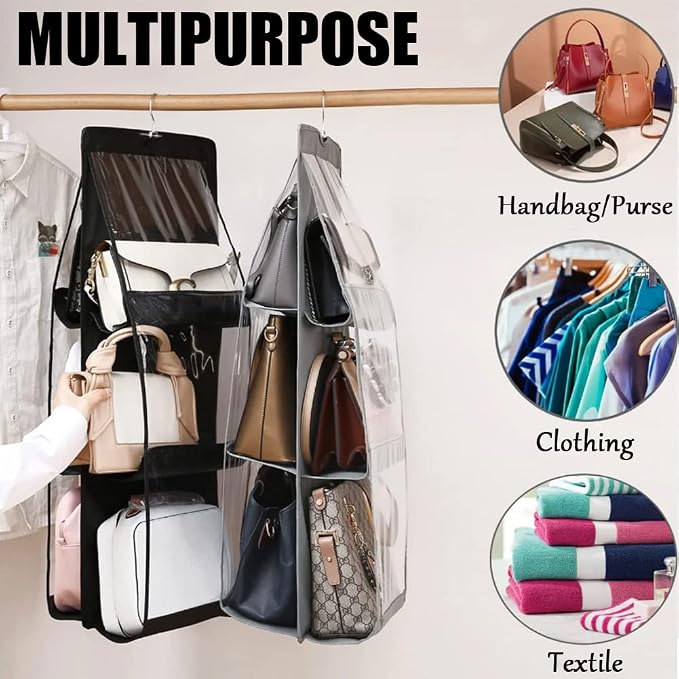 AYWVRBST Handbag Purse Organizer, 2Pcs 6 Pockets, Dust Proof Purse Organizer Closet, Wardrobe Closet Organizer, Washable Handbag Organizer for Handbags Purse (Black+Gray)