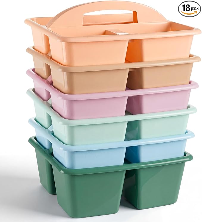 Kathfly 18 Pack Classroom Caddy Organizer with Handle, Plastic Art Craft Cleaning Caddy Bulk, Small Multipurpose Supply Organization Storage Basket for Table Desk Office Pencil Teacher (Morandi Color)
