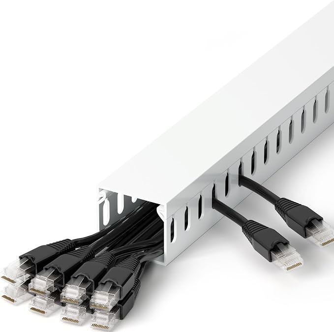 1.4"H x 1.6"W Cable Raceway, 12ft Under Desk Wire Management Channel, White | Slotted Wire Duct, 4 Pack (3 ft Each), Heavy-Duty PVC Cable Management for Server Racks, Network Cables & Electrical Cabinets