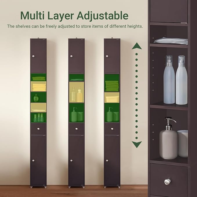 SoBuy Bathroom Storage Cabinet Adjustable Shelves, Tall Narrow, Brown | Freestanding Cupboard With Adjustable Shelves, Space-Saving Storage For Tiny Bathroom Gaps, BZR34-BR