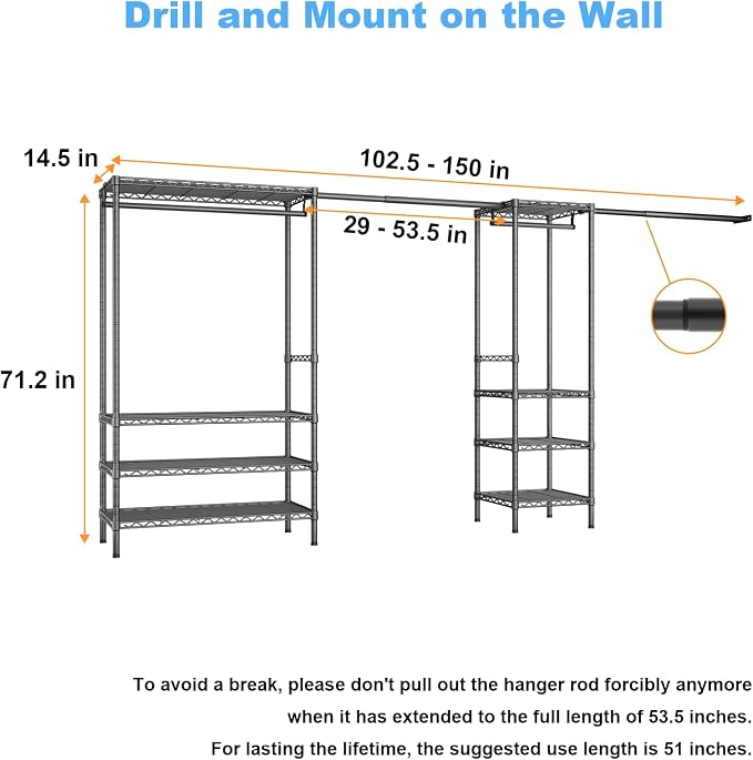 Ulif E11 Heavy-Duty Garment Rack, Metal Freestanding Clothes Rack and Closet Storage Organizer System with 8 Shelves and 4 Hanger Rods, (73.2-97.6)" W x 14.5" D x 71.2" H, Load 1034 LBS, Black