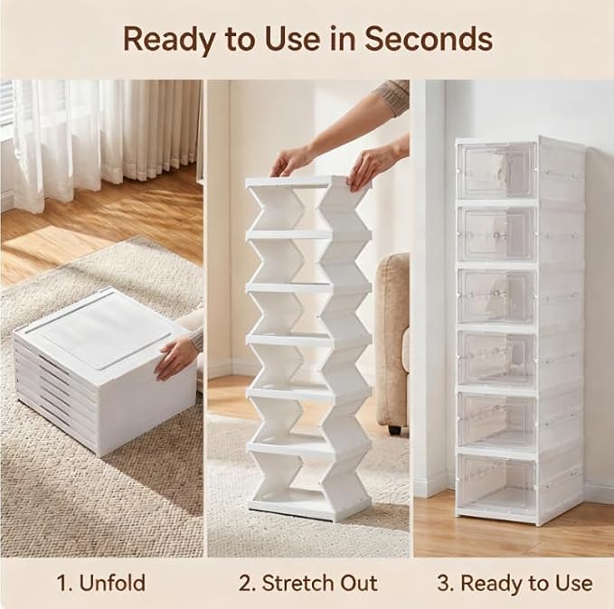 6-Tier Clear Shoe Storage Boxes, Collapsible, No Assembly | Six plastic compartments fold flat when not in use and stack vertically, with transparent doors for easy viewing and access.