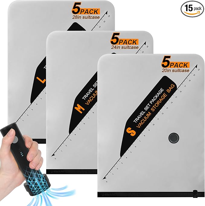 Numola 15 Pack Space Saver Vacuum Storage Bags with 6000Pa Wireless Air Pump for Clothes Comforters, 5 Jumbo+5 Medium+5 Small Storage Bags Vacuum Sealed, Compression Packing Ziplock Bags for Suitcase