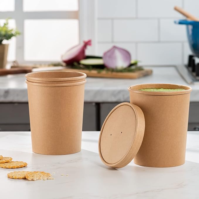 GUSTO 32 oz Kraft Paper Food Containers with Vented Lids [25 Count] To Go Hot Soup Bowls, Disposable Ice Cream Cups, Ideal for Hot and Cold Foods - (Formerly Comfy Package)