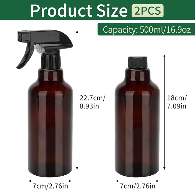 Cosywell Glass Spray Bottles 16.9oz/500ml 2 Pack Brown Empty Spray Bottle | Mist/Stream Heavy Duty, Water Spraying Bottle, for Cleaning, Cooking Solutions, Hair Care, Including a funnel and two lid