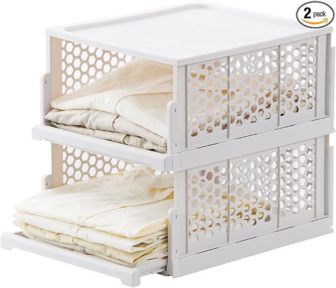 Pull-out Plastic Storage Basket with a Lid,Stackable Closet Organizers Drawer Anti-Tipping,Stable Shelf Container for Bathroom Laundry Room Storage, Space-Saving Clothes Storage ,White Gray,2 pack
