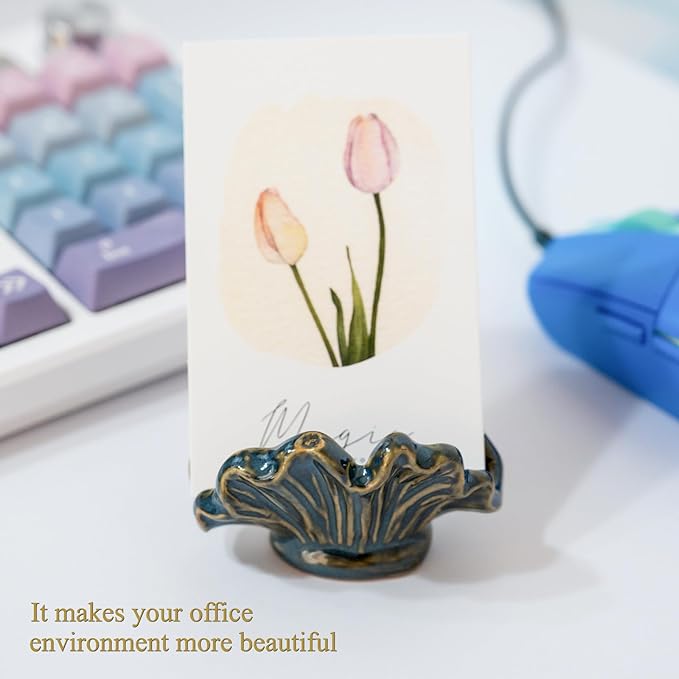 Ceramic Shell Business Card Holder Set of 3 - Pink, White, Blue - Boho Vertical Desk Organizer and Business Card Display for Office,Wedding,Home Decor- Cute Desk Accessories and Unique Gift