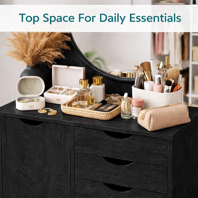 Naomi Home Wooden 5 Drawer Dresser with Cabinet Shelves and Wheels, Drawer Dresser for Bedroom Closet and Dressing Room Storage in Distressed Black