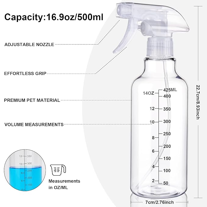 Plastic Spray Bottle 16.9oz Empty Spray Bottles Refillable Container Trigger Sprayer for Cleaning Solutions, Water, Plants, Pet, Essential Oils, Hair, 2 Pack (Clear-scale)