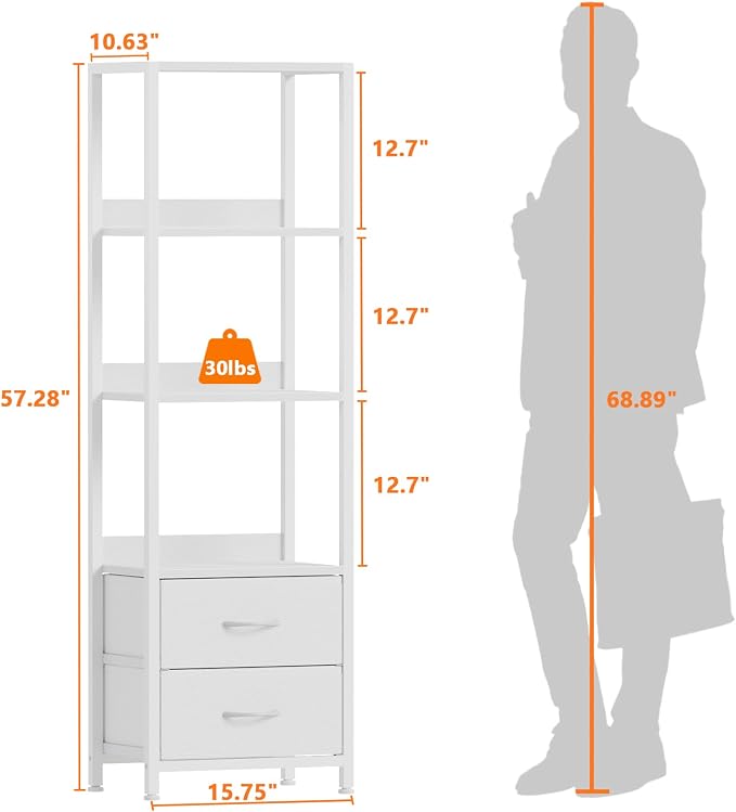 Furnulem 4-Tier Corner Shelf, Bookshelf with 2 Storage Drawers, 57.28”Tall Narrow Bookcase, Standing Shelf Organizer Unit for Living Room, Bedroom, Metal Frame, Wood Display Shelf