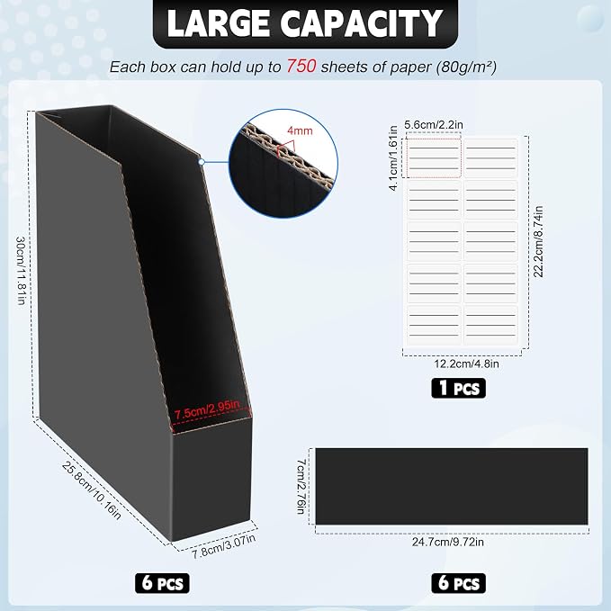 YOTINO Black Magazine Holder, 6 Pack Cardboard Magazine File Holders, Vertical Desktop File Holder Organizer, Sturdy Magazine Rack for Office, Home and Classroom
