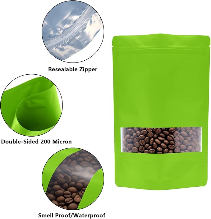 50PCS Foil Pouch Mylar Bags with Clear Window,ULIFESTAR Stand Up Sealable Bags with Tear Notches,Resealable for Food,Party Favors,Gift Packaging and Small Business(20 * 30cm/7.87 * 11.81",Green)