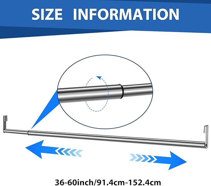 Threehoney Expandable Closet Rod for Wire Shelf Hanging Clothes Adjustable Heavy Duty Closet Hanging Rod Extender Heavy Duty Hanger Bar Metal Poles for Wardrobes Hanger, 1 Pack(36-60 Inch,Silver)
