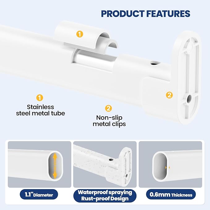 Mavivegue Oval Closet Rod, Adjustable Closet Rods – Expandable 17-40 Inches | Closet Rods for Hanging Clothes, Heavy Duty Closet Rods for Laundry Room, RV, Closet Storage (White)