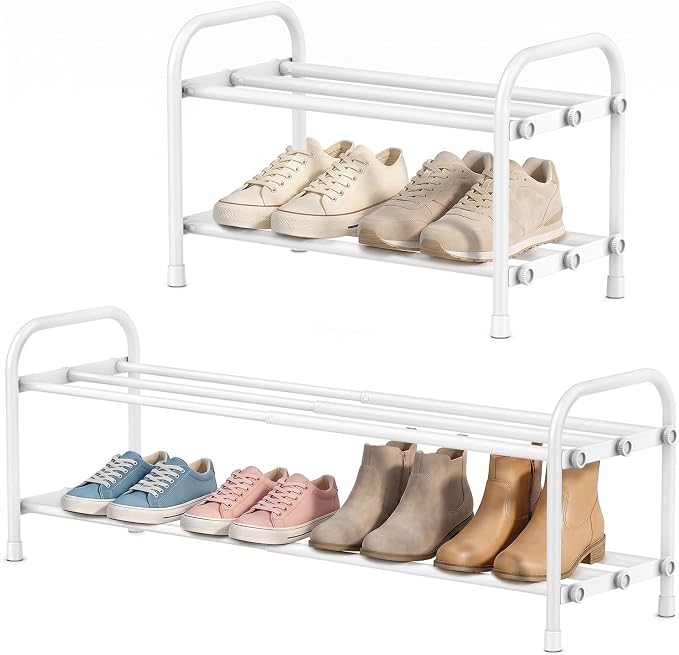 INSMART 2-Tier Expandable Shoe Rack:Stackable and Adjustable Shoes Organizer Storage Shelf, Sturdy and Durable Metal Structure Free Standing Shoe Rack for Closet Entryway Doorway, White