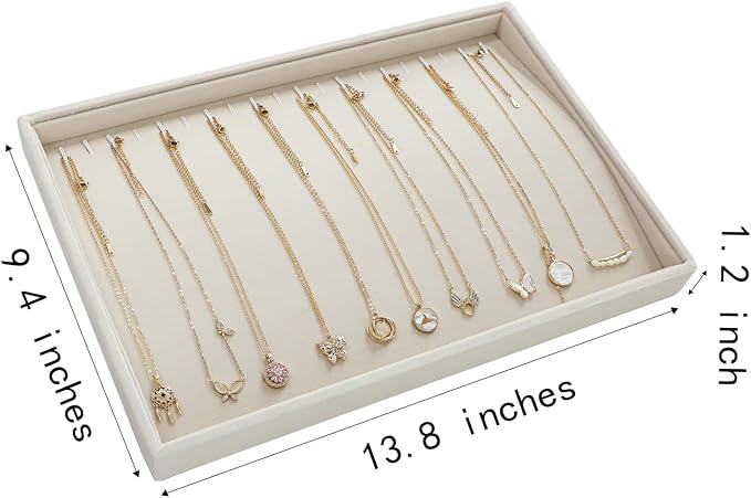 Stratalife 20 Hooks Necklace Organizer Tray, Stackable Jewelry Organizer for Women, Velvet Jewelry Display Storage Tray for Necklace Bracelet, 13.8" x 9.4" x 1.2", Beige