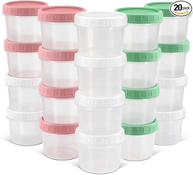 DEMORA 5 oz Small Plastic Containers with Twist on Lids [20 Sets], Stackable Little Food Storage Containers for Snack Lunch Meal Prep Salad Dressings, Freezer/Microwave/Dishwasher Safe, BPA Free