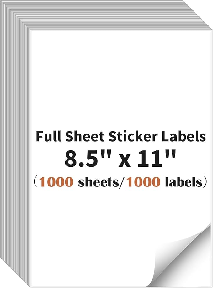 Full Sheet Sticker Label, 8.5" x 11" Shipping Label Paper (1000 Sheets, 1000 Labels), Self Adhesive Full Sheet White Matte Paper, Address Sticker Labels for Laser & Inkjet Printer
