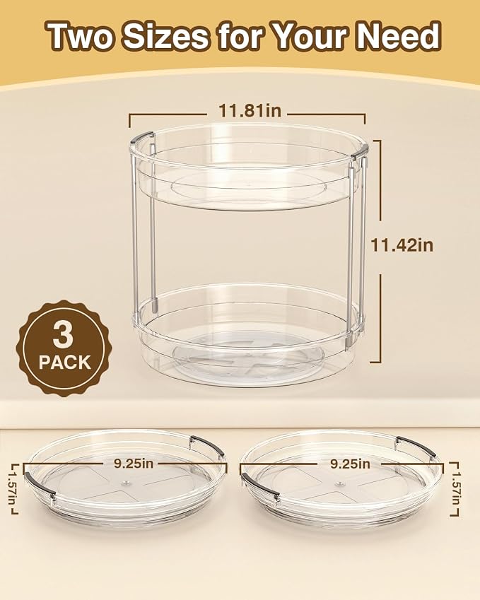 INCOSTAR 2 Pack Lazy Susan Organizer 9.25''and 11.81'' Two-Tier Lazy Susan Turntable for Cabinet, Spice Rack, and Pantry Storage - Spinning Makeup Organizer for Bathroom, Clear