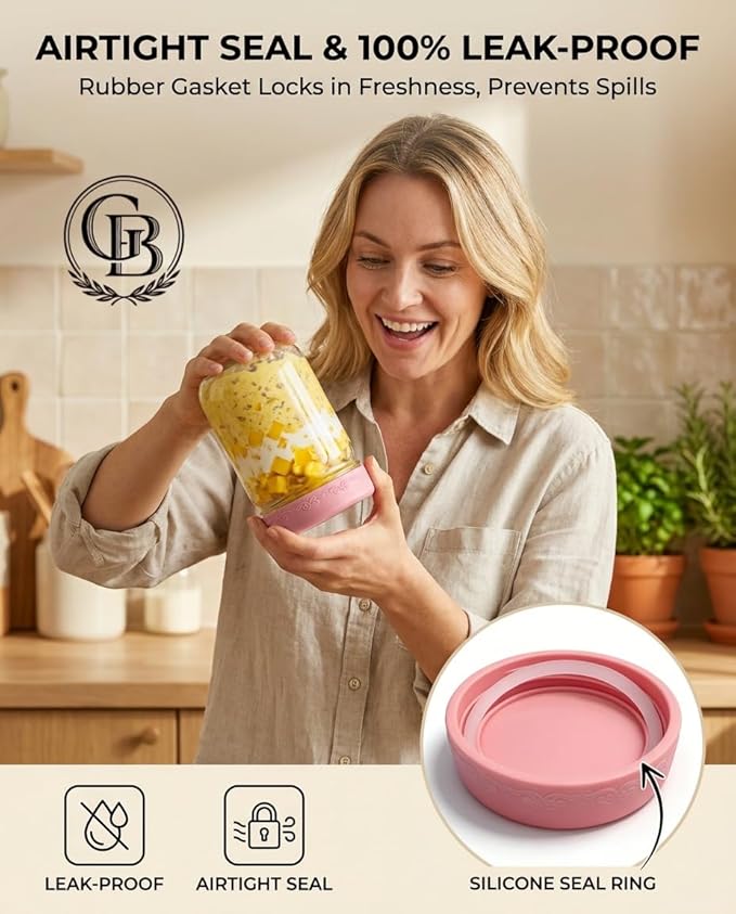 16 oz 4-Pack Overnight Oats Containers with Lids | Glass jars with Airtight Lids, Wide mouth Mason jars, Leakproof and Reusable Food Storage Jars (4-2)