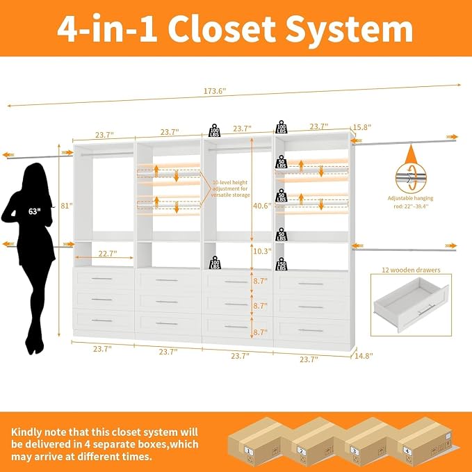 Closet System with 12 Wooden Drawers, 10 Shelves & 6 Hanging Rods, 8–21 ft Adjustable Closet Organizer System, 2800 lbs+ Walk-In Closet System, Modular Custom Closet Kit, White(Set of 4)