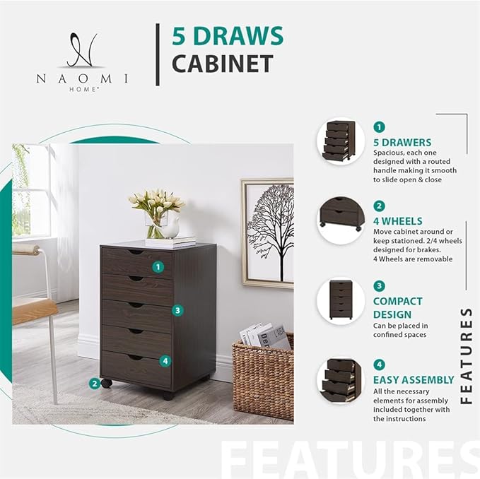 Naomi Home 5-Drawer Rolling Chest, Grey, Smart Storage with Metal Slide Glides & Smooth Wheels, Compact Space-Saver, Easy Assembly, Durable Engineered Wood