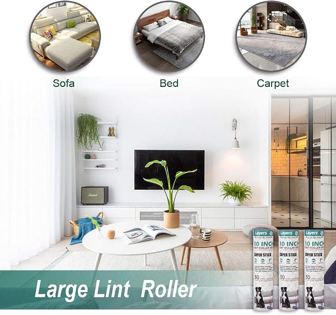 Layers Large Lint Roller Refill, Suitable for Most Large Rollers，mega Rollers, 10 in Wide Roller in The Market - 3 Packs