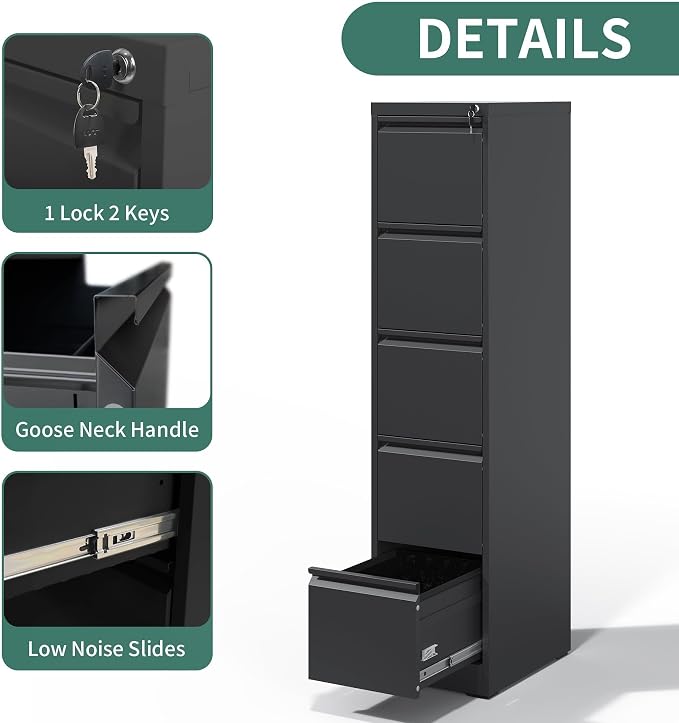 5 Drawer File Cabinet with Lock,Metal Vertical Filing Cabinets for Home Office,Heavy Duty File Storage Cabinet for Letter/Legal/A4/F4 Size File,Assembly Require (Black, Vertical 5 Drawer)