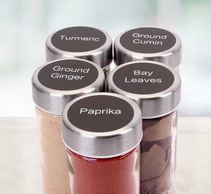 Orii Spice Labels, Black Round | 160 Pre-printed, 20 Blank
