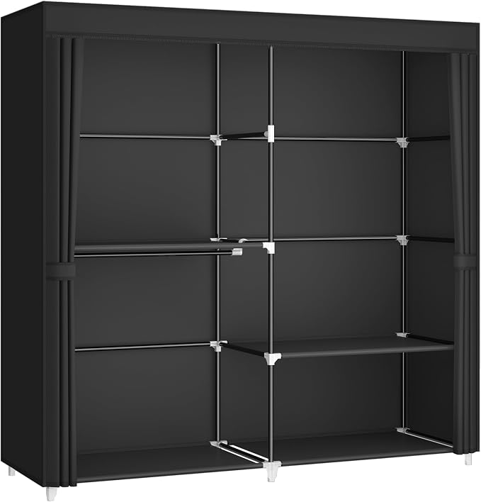 MOGELAFOO 62.5” Portable Closet, Freestanding Wardrobe Clothes Rack with Fabric Cover, 3 Hanging Rods and 4 Storage Shelves for Bedroom, Black