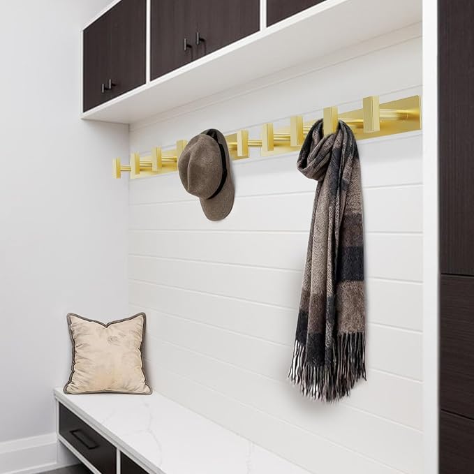 Bntuk Coat Rack Wall Mount - 5 Hat and Coat Hooks, Heavy Duty Towel Racks for Bathroom Entryway, Wall Hooks for Hanging Robes Bags, Hat Rack Key Hanger Organizer (Gold)