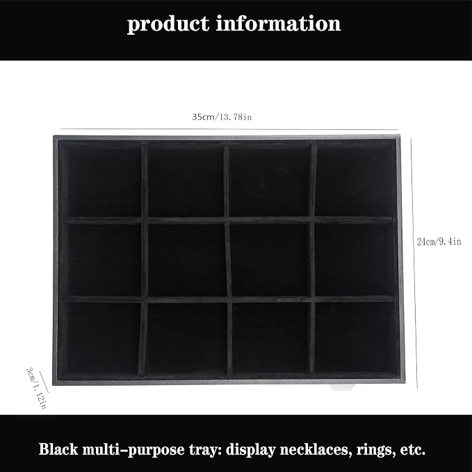Large Velvet Jewelry Tray, Drawer Organizer for Jewelry in Dresser, Stackable Jewelry Drawer Organizer Inserts for Earring Necklace Bracelet Rings(Black,12grid)