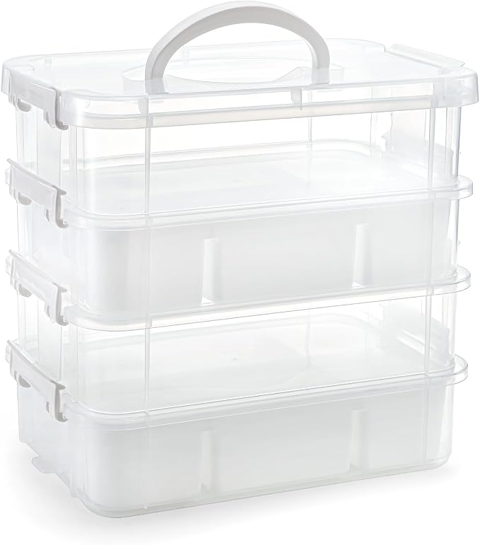 Foraineam 4-Tier Clear Storage Bins With 2 Divided Trays, Stackable Carry Storage Box Container, Plastic Lidded Organizer Case With Handle for Beads, Tools, Arts & Crafts, Sewing, Office Supplies