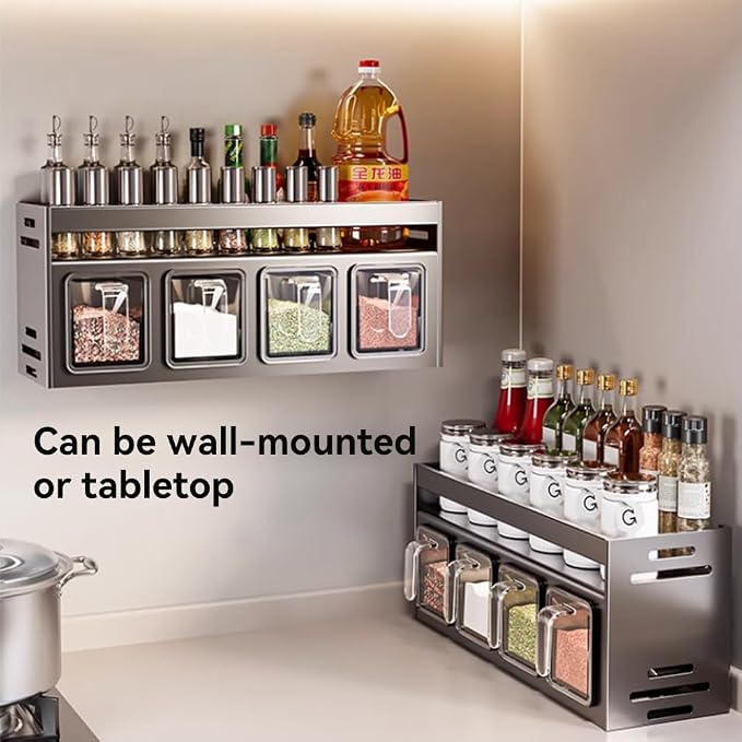 Kitchen Spice Rack Wall Mount Hanging Seasoning Box Over Stove Hanging Shelf Seasoning Jar Organizer for Sugar Salt Pepper (5 Box)