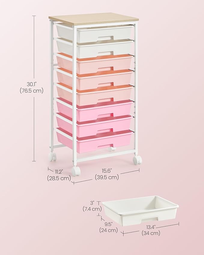 VASAGLE 8-Drawer Rolling Storage Cart, Utility Cart with Wheels and Wood Top, Craft Organizer for Office and Home, 15.6 x 11.2 x 30.1 inch, Pink and White, BENCO Collection ULRC006S101